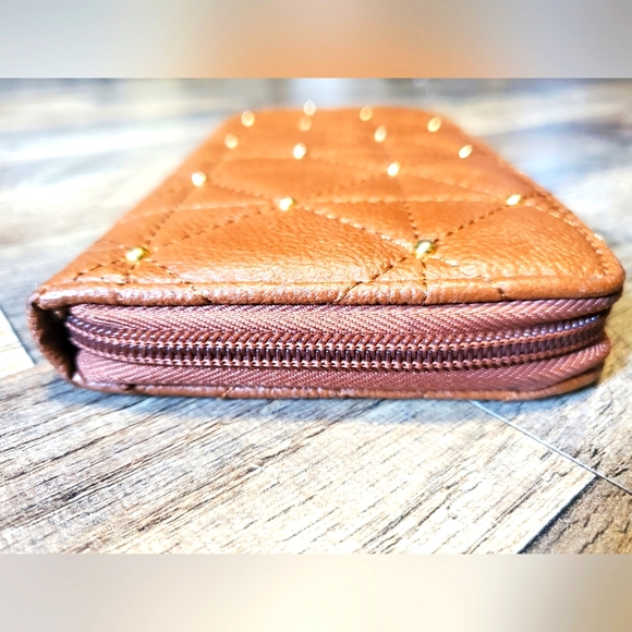 Steve Madden Brown & Gold Quilted Stud Studded Zip up Wallet - Picture 7 of 9